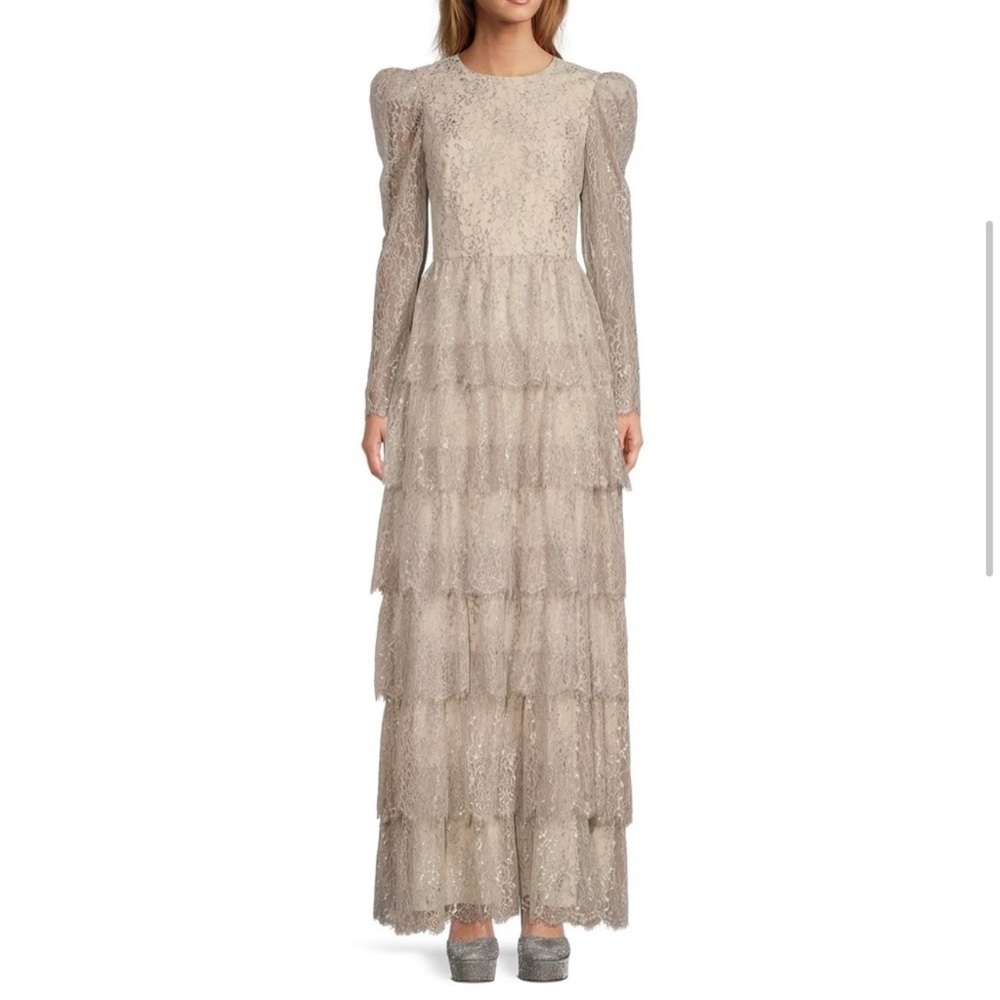 NWT Antonio Melani Metallic Lace Long Sleeve Tiered Ruffle Maxi Dress Size 4